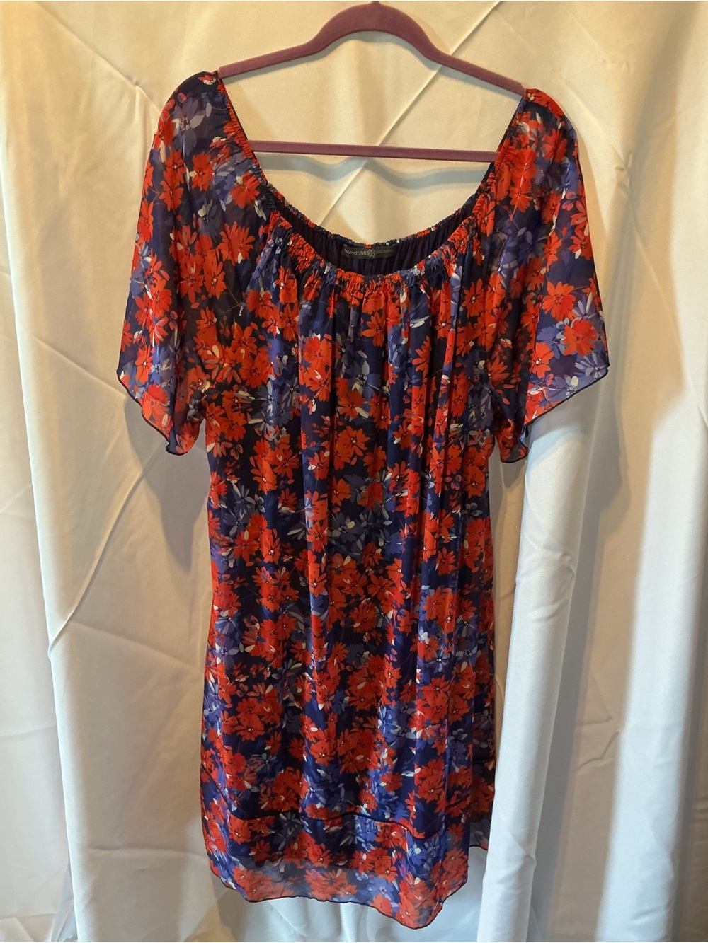 Floral Off-Shoulder Dress in Red and Navy